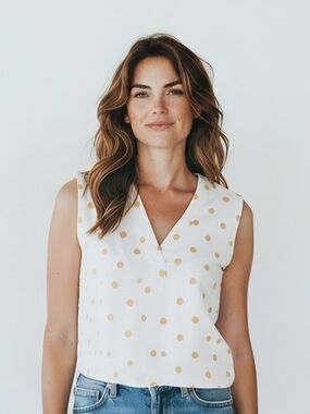 Sleeveless V-Neck Polka Dot Top in Cream and Gold